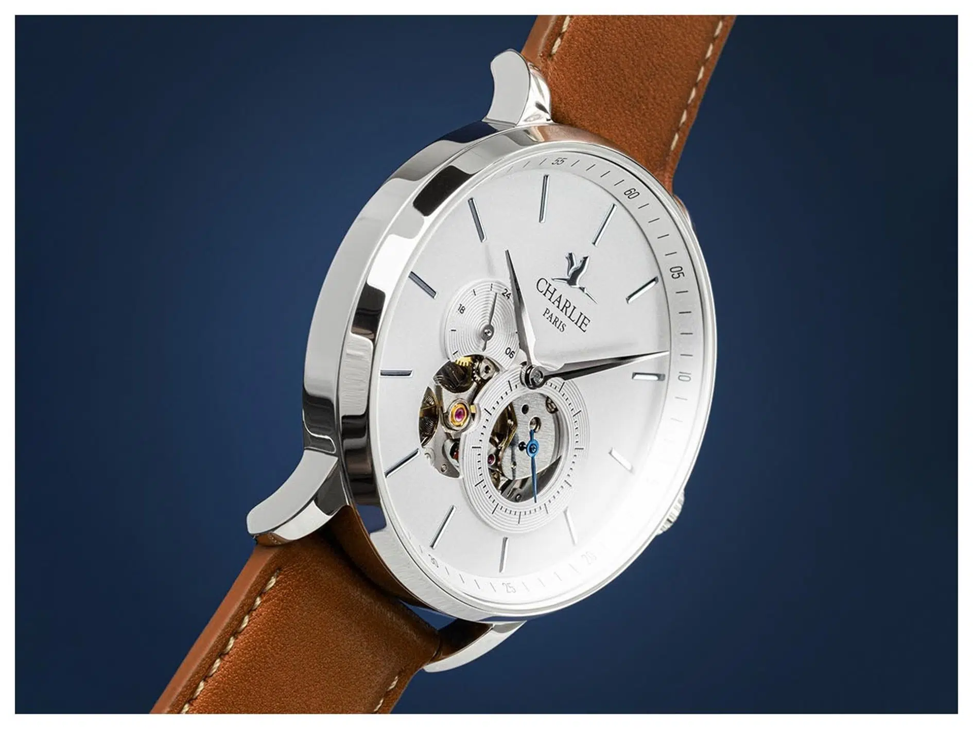 montre homme francaise charlie initial automatique coeur ouvert blanc