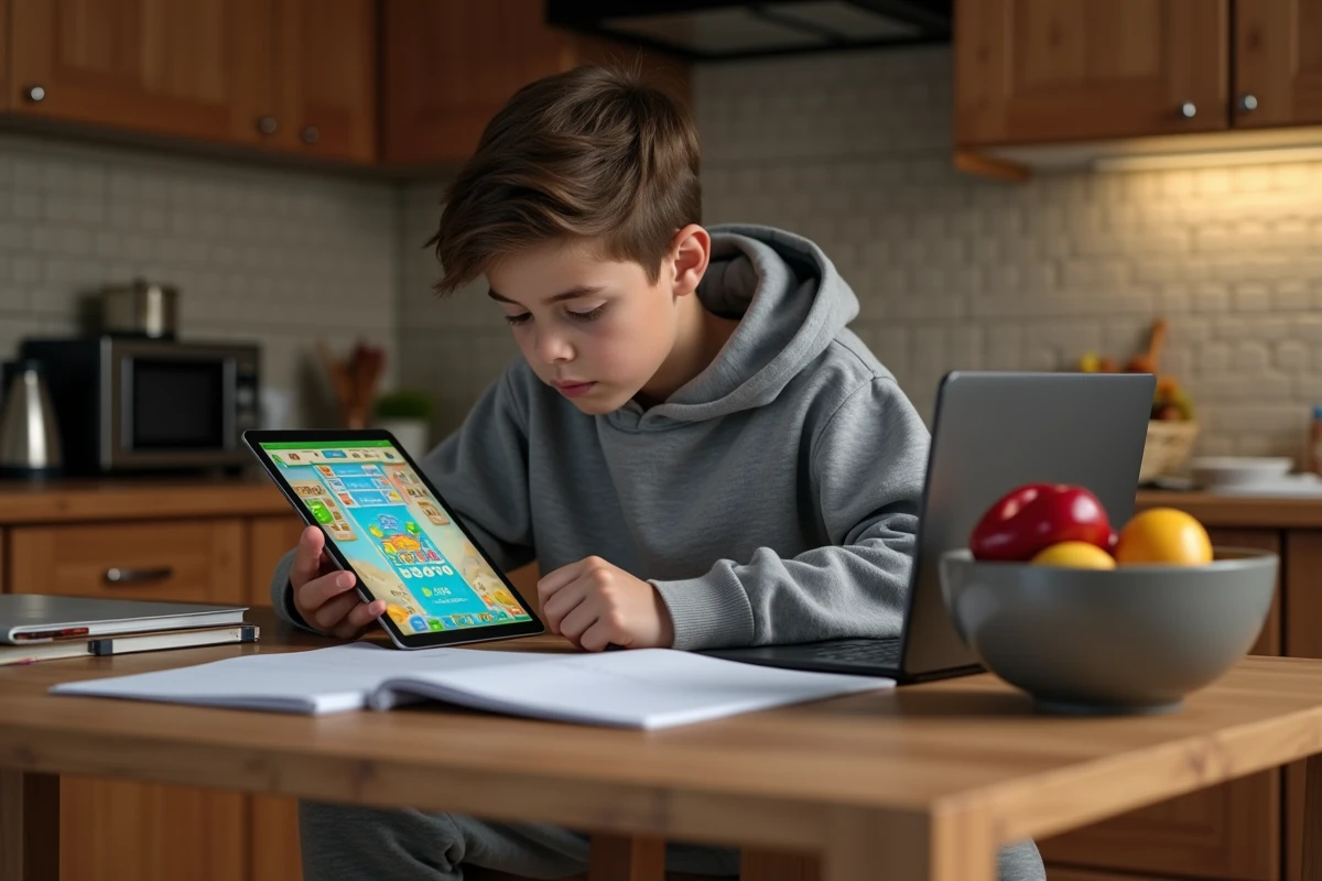 Ado concentré jouant à Candy Crush à la table de cuisine