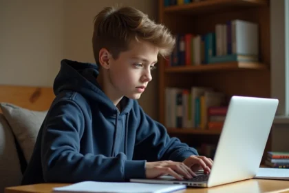 Adolescent dyslexique utilisant un correcteur orthographique Reverso sur son ordinateur portable pour l'aide à l'écriture