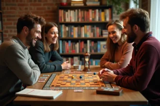 Groupe d'adultes jouant à un jeu de société autour d'une table en bois avec un sablier et des règles du jeu