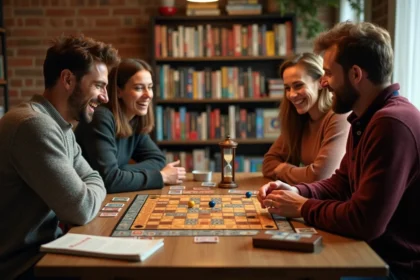 Groupe d'adultes jouant à un jeu de société autour d'une table en bois avec un sablier et des règles du jeu