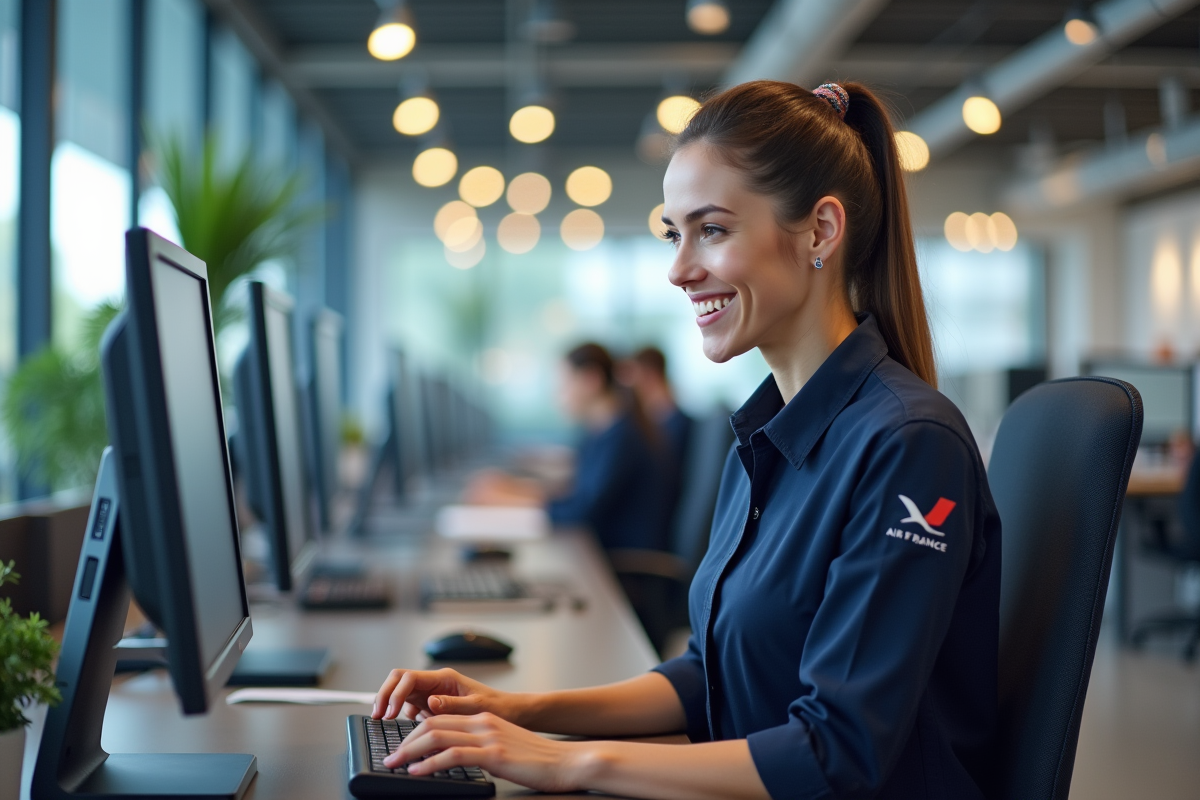 Agent Air France souriant à son poste de travail moderne