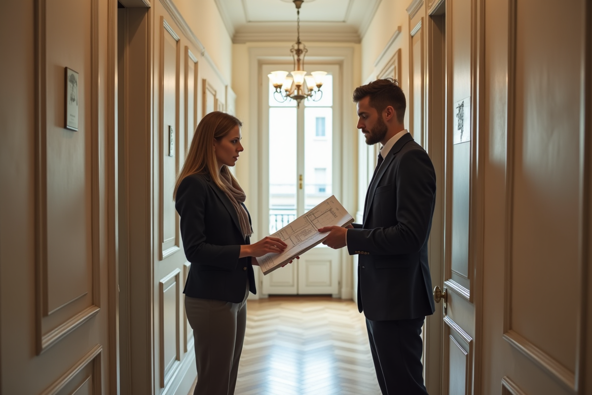 Agent immobilier pointant un plan dans un couloir lumineux