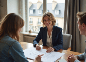 Agent immobilier souriante présentant plans T4 dans appartement parisien