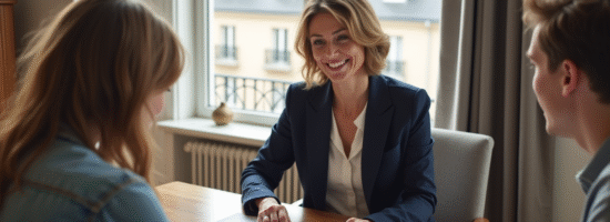 Agent immobilier souriante présentant plans T4 dans appartement parisien