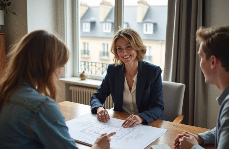 Agent immobilier souriante présentant plans T4 dans appartement parisien