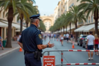 Policier en uniforme expliquant le nouveau plan de circulation à Cannes