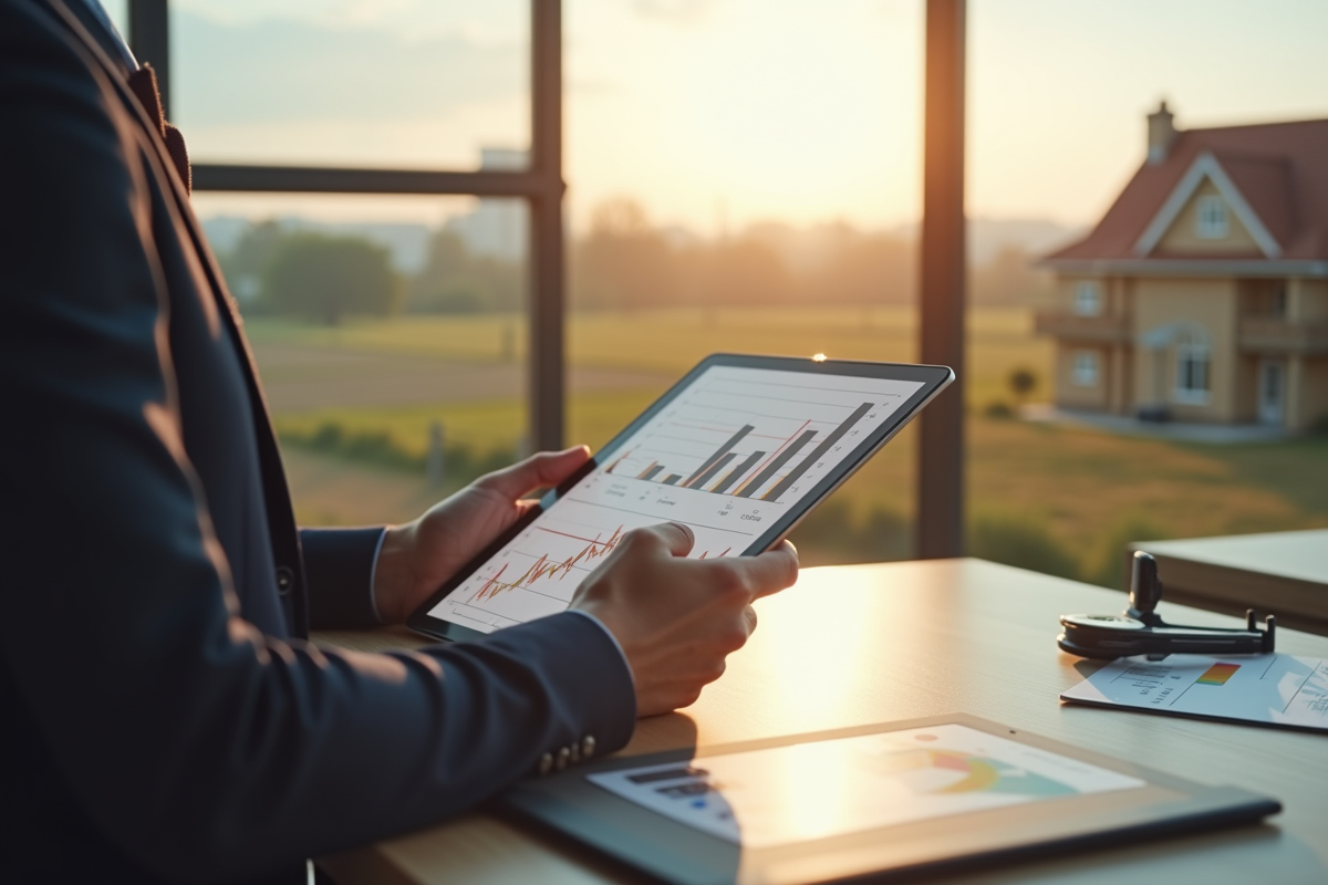 Agent immobilier avec tablette montrant des graphiques de prix