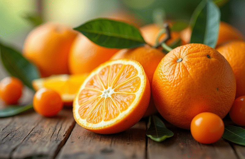 Agrumes mûrs oranges et kumquats sur table rustique
