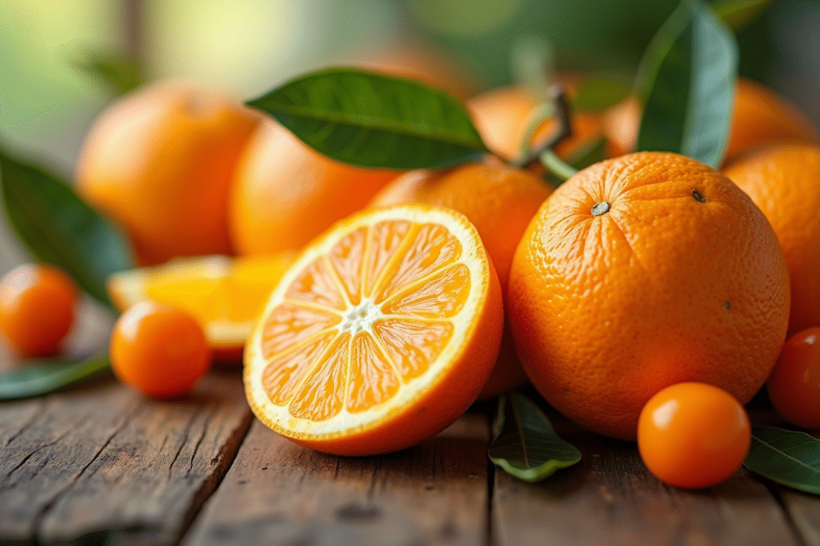 Agrumes mûrs oranges et kumquats sur table rustique