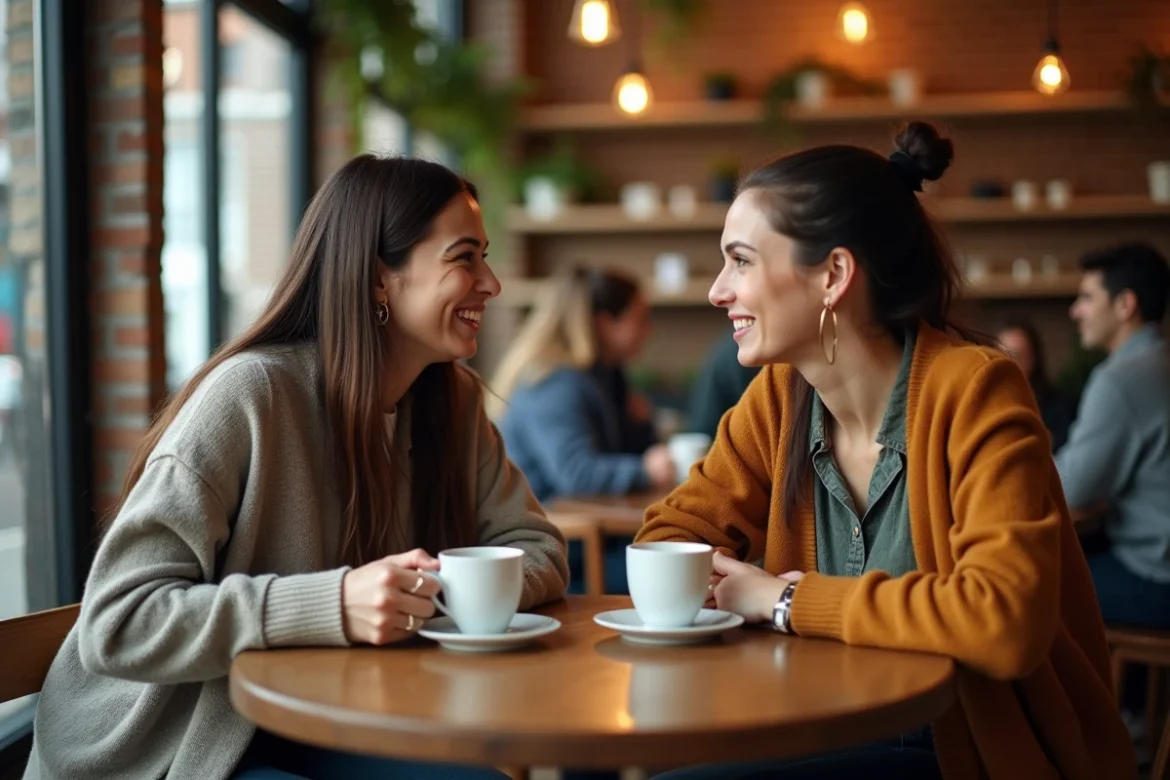 Deux amies proches en grande conversation sincère dans un café urbain chaleureux, symbole d'une amitié profonde