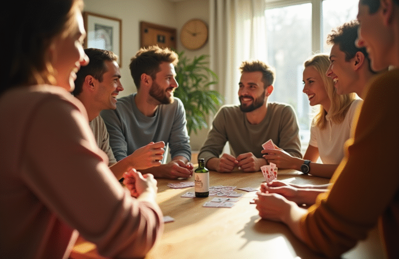Groupe d'amis jouant aux cartes dans un salon lumineux