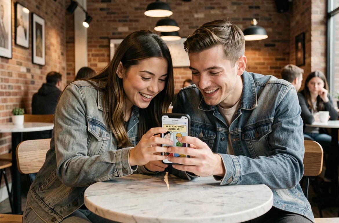 Deux amis lisant ensemble un webtoon sur smartphone dans un café, évoquant le partage de scans en ligne via epsilonscan FR