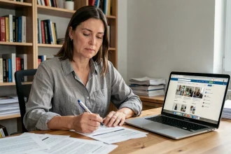 Femme analysant des avis clients sur papier dans un bureau moderne, symbolisant l'évaluation indépendante des plateformes de notation