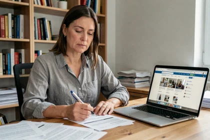 Femme analysant des avis clients sur papier dans un bureau moderne, symbolisant l'évaluation indépendante des plateformes de notation