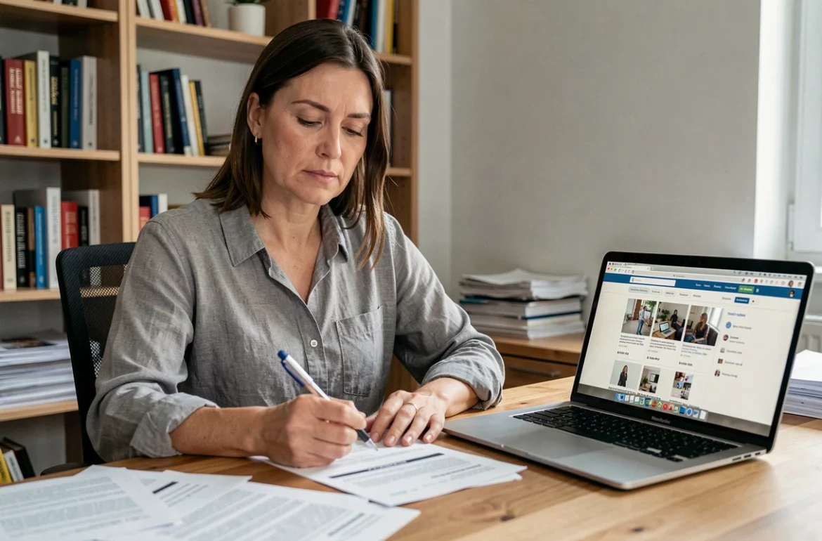 Femme analysant des avis clients sur papier dans un bureau moderne, symbolisant l'évaluation indépendante des plateformes de notation