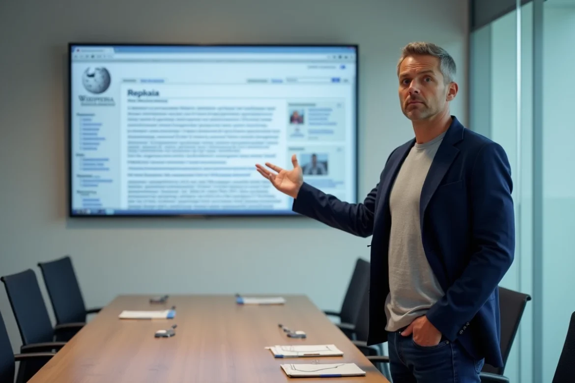 Personne analysant une page Wikipedia sur grand écran dans une salle de presse, questionnant la fiabilité des sources journalistiques