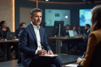Homme en blazer navy en studio télévisé professionnel