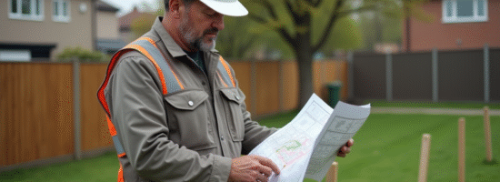Arpenteur en extérieur examinant un plan de zonage
