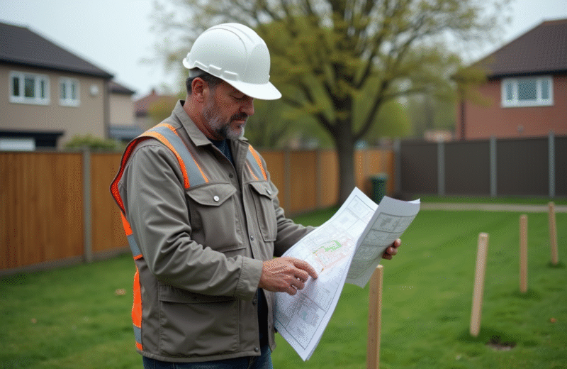Arpenteur en extérieur examinant un plan de zonage