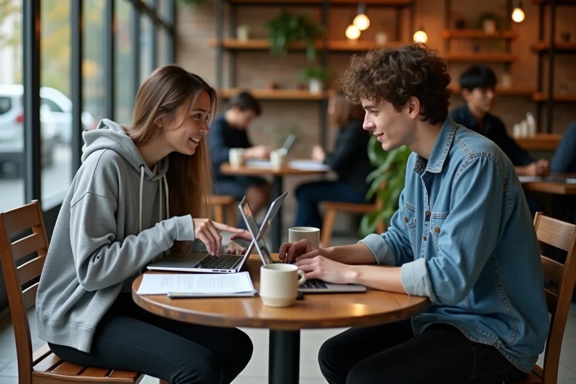 Deux artistes indépendants comparant les options de distribution musicale 95 Sounds et Sound 95 dans un café