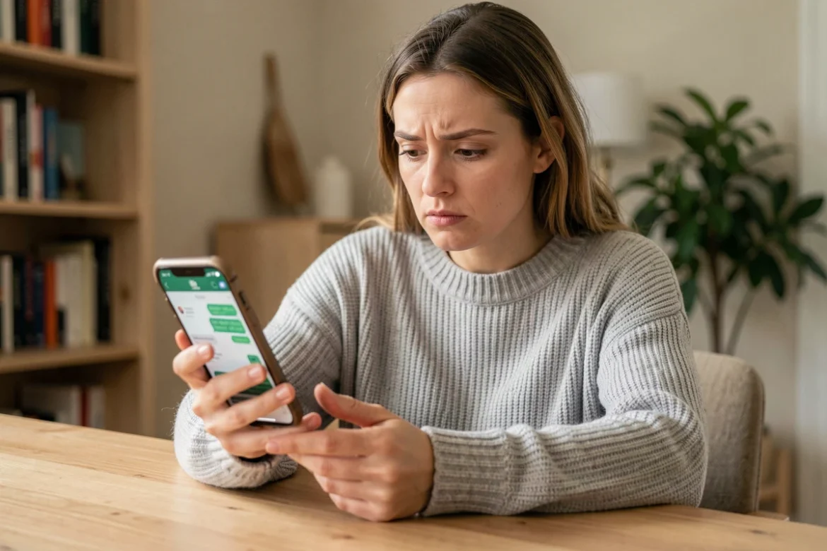 Femme attendant une réponse du support Vinted sur son smartphone depuis son bureau à domicile