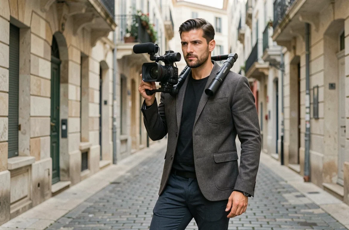 Bacem Guizani, photographe et vidéaste professionnel dans les rues de Toulon avec une caméra sur rig d'épaule