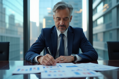 Banquier homme en costume bleu dans une salle moderne