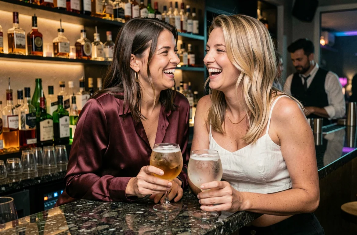 Deux femmes riant au bar d'une discothèque à Perpignan avec des cocktails colorés et une ambiance nocturne chaleureuse