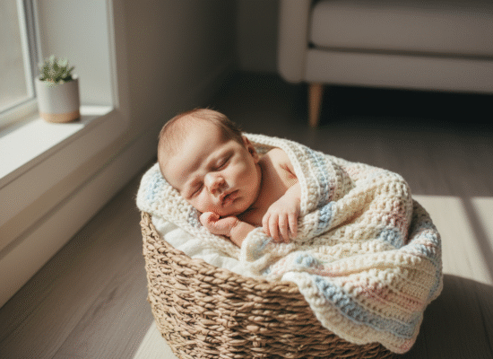 Photo hyperrealiste d'un bebe fille endormie dans une couverture pastel