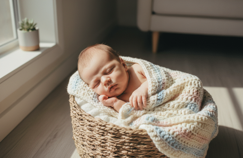 Photo hyperrealiste d'un bebe fille endormie dans une couverture pastel