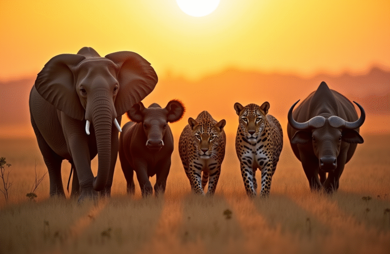 Groupe d'animaux du Big Five au lever du soleil