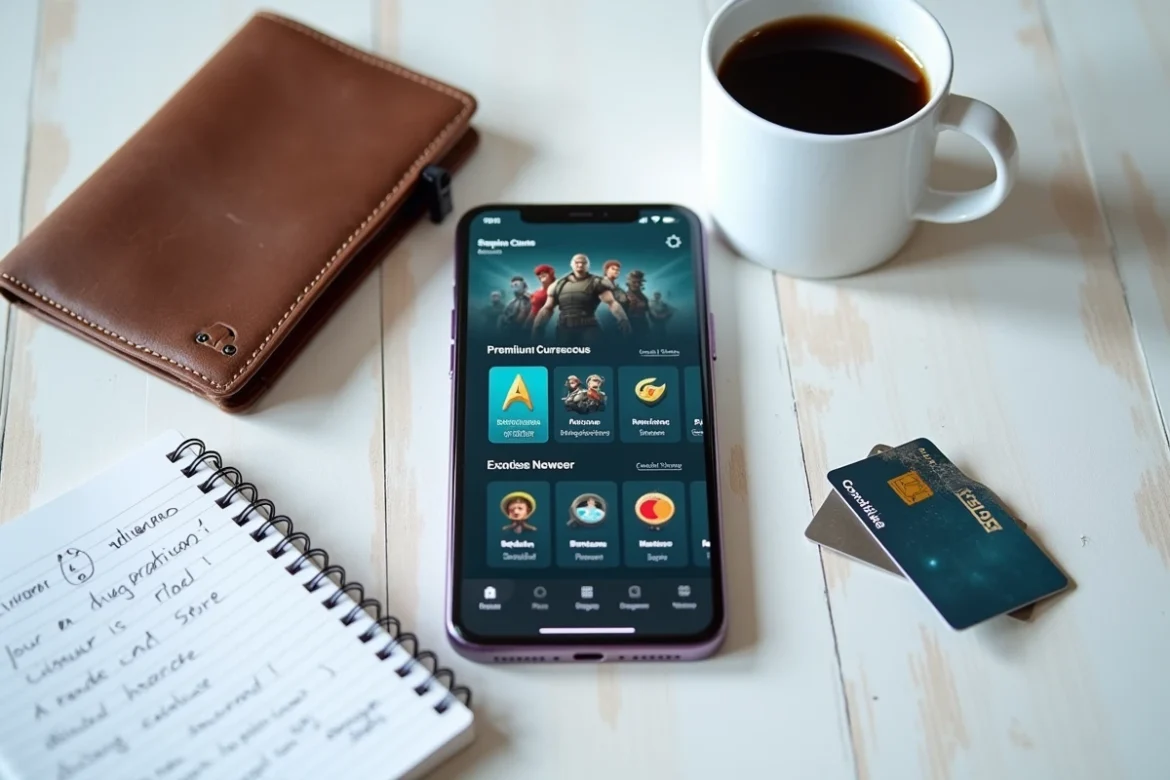 Vue aérienne d'un smartphone avec boutique de jeu, portefeuille et notes illustrant le modèle économique pay to win