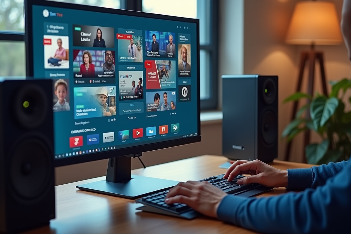 Bureau moderne avec écran affichant des chaînes internationales