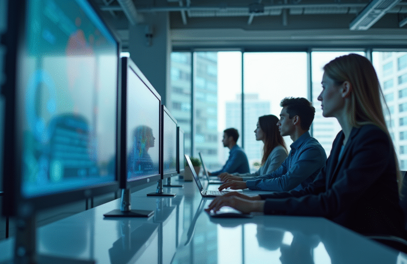Espace de travail futuriste avec écrans numériques et collaboration