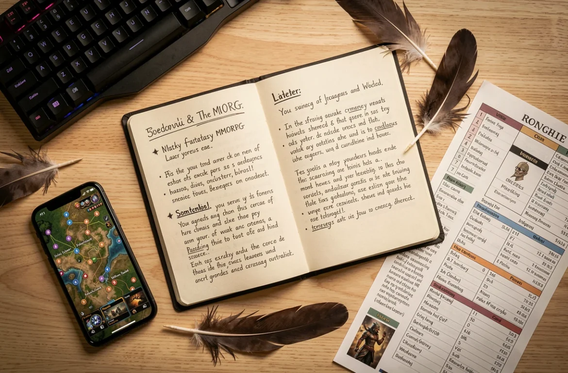 Vue aérienne d'un bureau de gamer avec notes de stratégie manuscrites, carte du jeu Dofus sur smartphone et plumes décoratives pour illustrer un guide de progression rapide