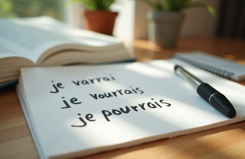 Bureau en bois avec livre de grammaire ouvert et notes sur 'je pourrai' et 'je pourrais'