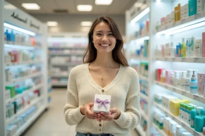 Femme souriante en pharmacie tenant un coffret cadeau à moins de 5 euros avec crème mains et baume à lèvres