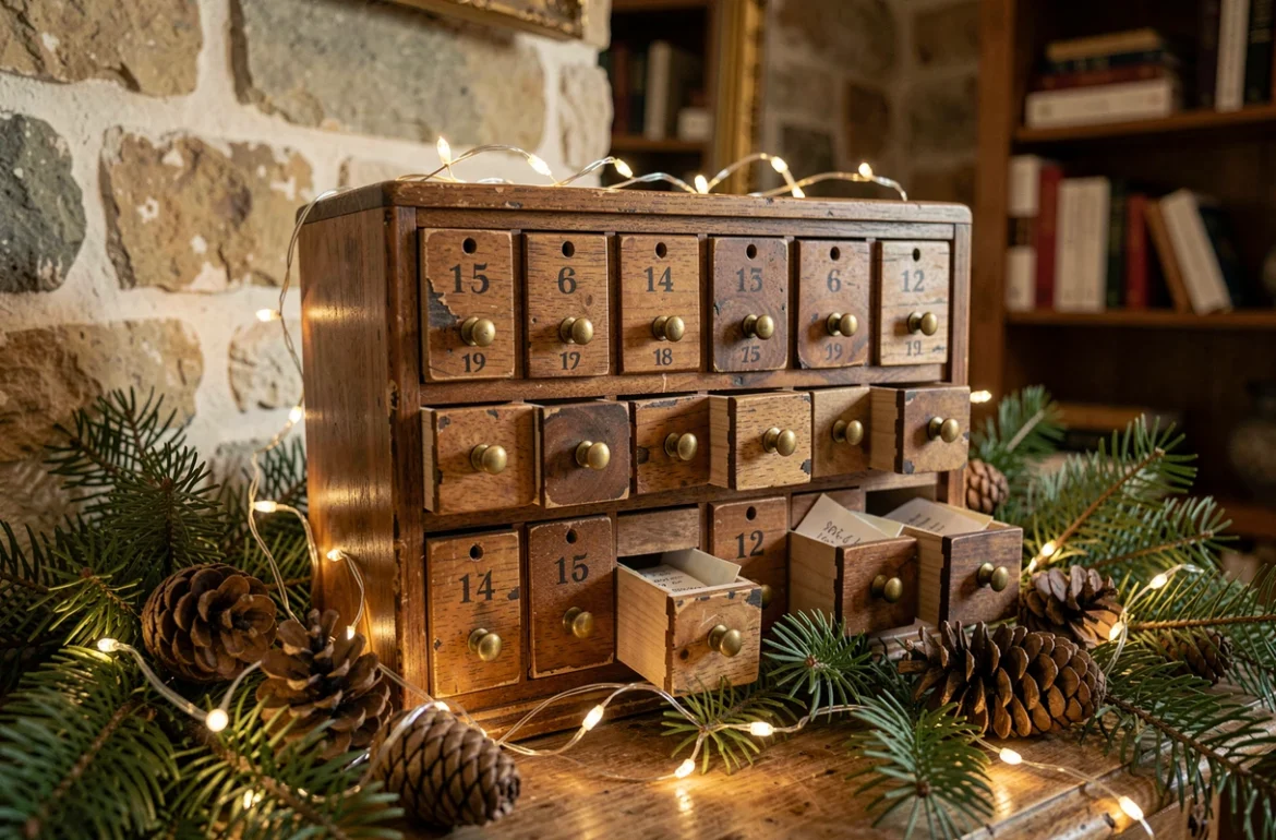 Calendrier de l'Avent en bois vintage avec 25 tiroirs numérotés posé sur une cheminée décorée pour Noël