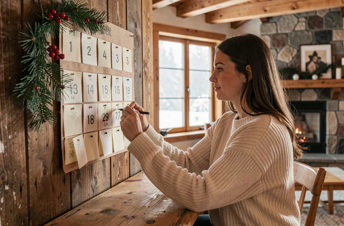 Femme marquant les jours sur un calendrier de l'Avent artisanal dans un salon nordique décoré pour Noël 2026