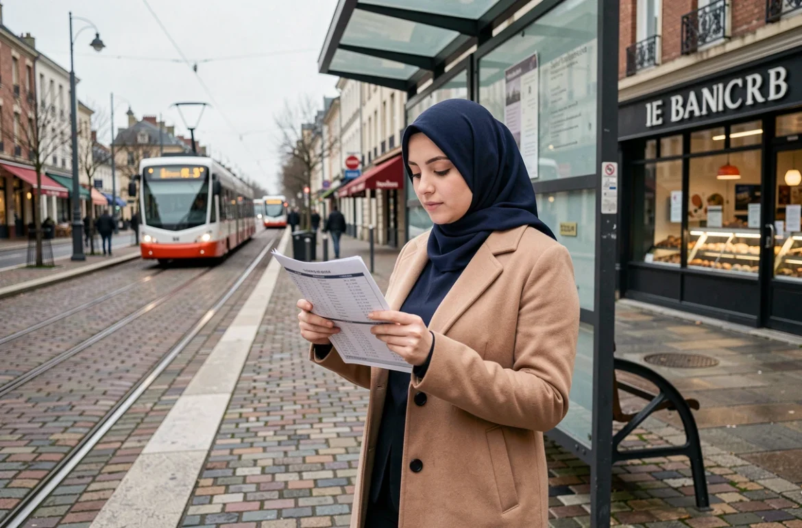 Femme musulmane consultant un calendrier des prières dans une rue de Nantes