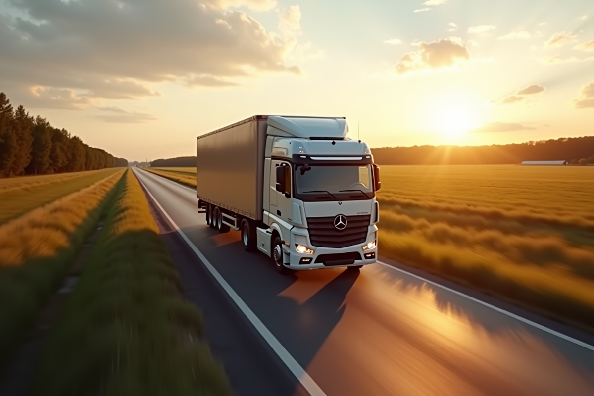 Camion 6m3 roulant sur une route de campagne au coucher du soleil
