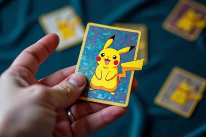 Main de collectionneur tenant une rare carte Pokémon Pikachu holographique en gros plan sur velours bleu marine