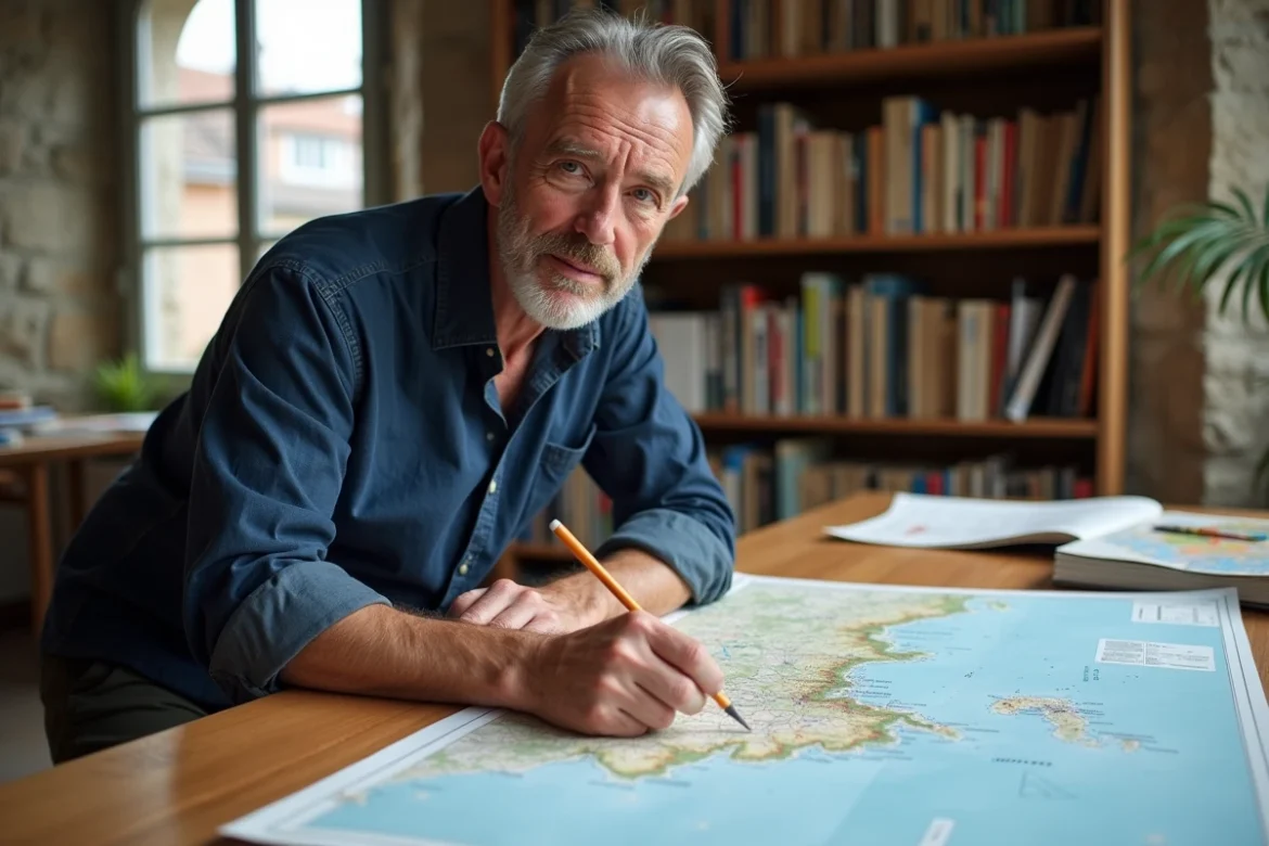 Cartographe étudiant une carte topographique détaillée de la Normandie dans un bureau de planification régionale, soulignant l'importance stratégique du territoire