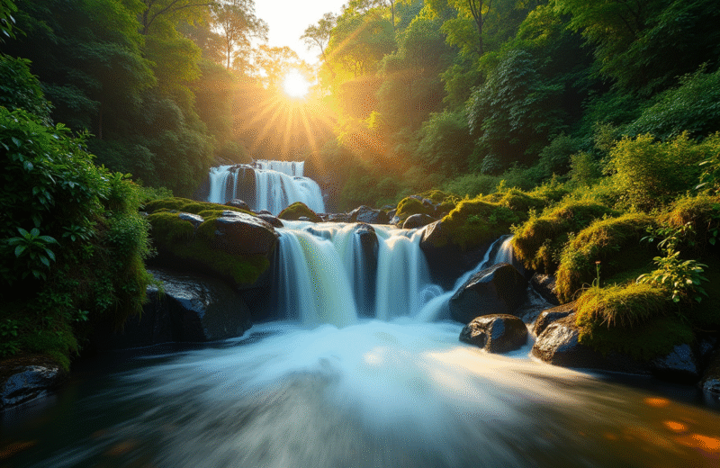 Cascade d'agrares au lever du soleil avec forêt verte