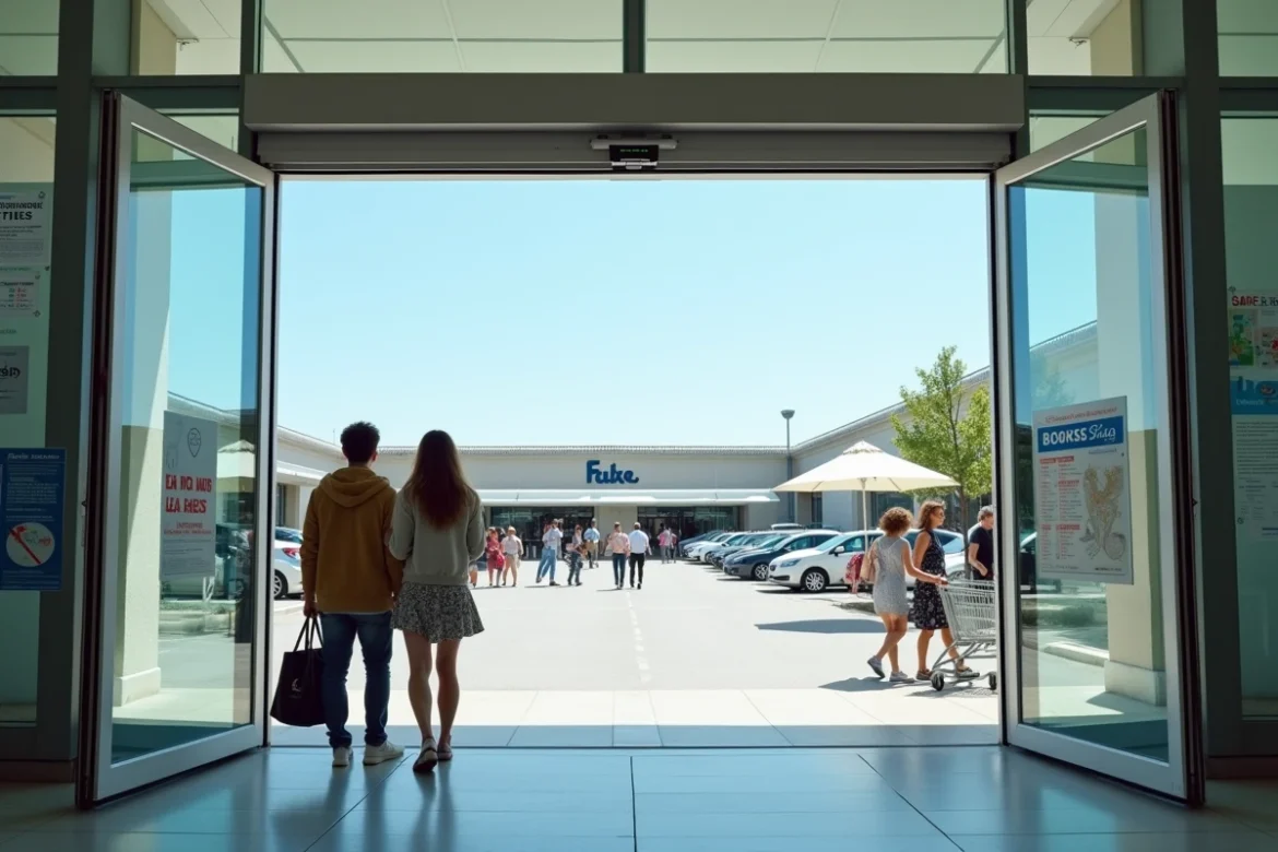 Entrée d'un centre commercial ouvert le dimanche à Montpellier avec couples et familles faisant leurs courses en fin de semaine