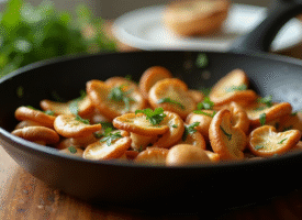 Champignons chanterelles sautés dans une poêle avec herbes et beurre