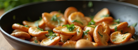 Champignons chanterelles sautés dans une poêle avec herbes et beurre