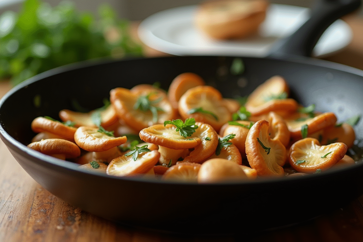 Champignons chanterelles sautés dans une poêle avec herbes et beurre