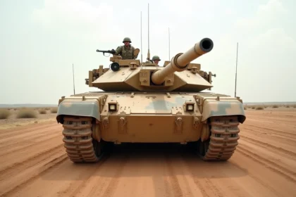 Char M1A1 Abrams en manœuvre sur terrain aride avec membre d'équipage visible en position de combat